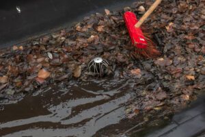 A blocked gutter full of leaves, debris, and water on a flat roof.