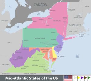 A map of the Mid-Atlantic region of the United States.