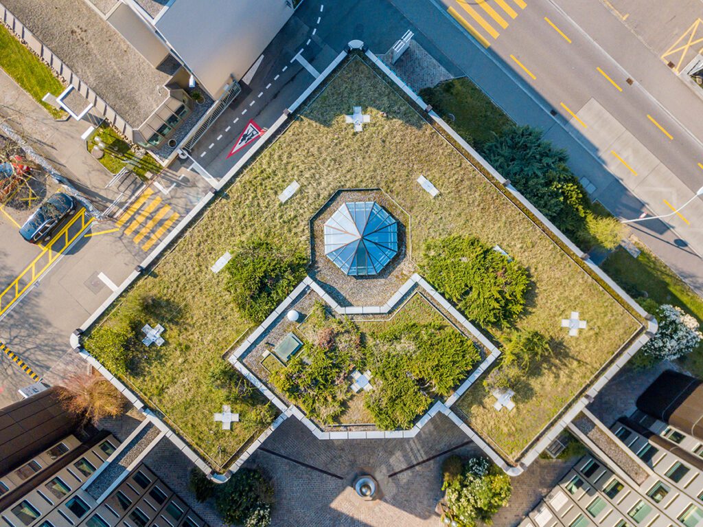 An aerial view of a green roof.