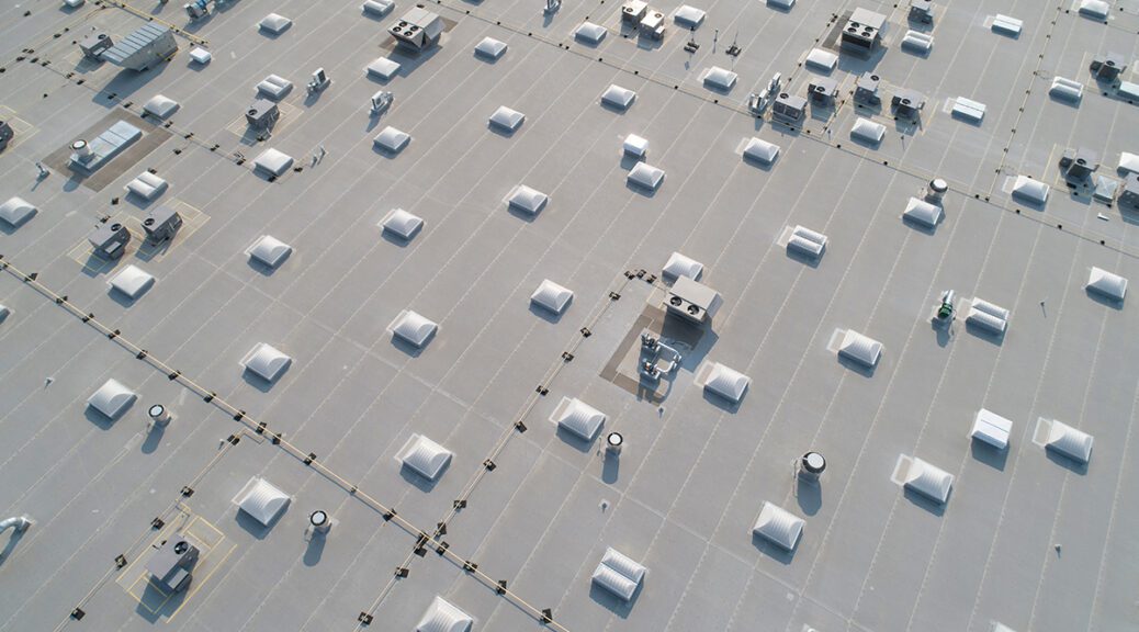 Aerial view of a large commercial roof