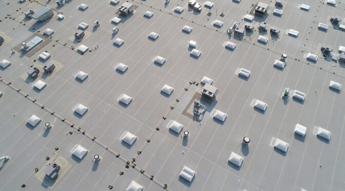 Aerial view of a large commercial roof