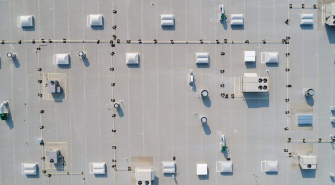 Drone view of a commercial building’s rooftop