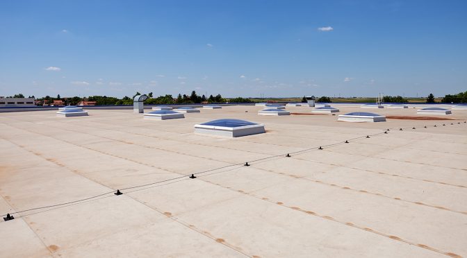 A low-angle view of a flat roof with multiple skylights